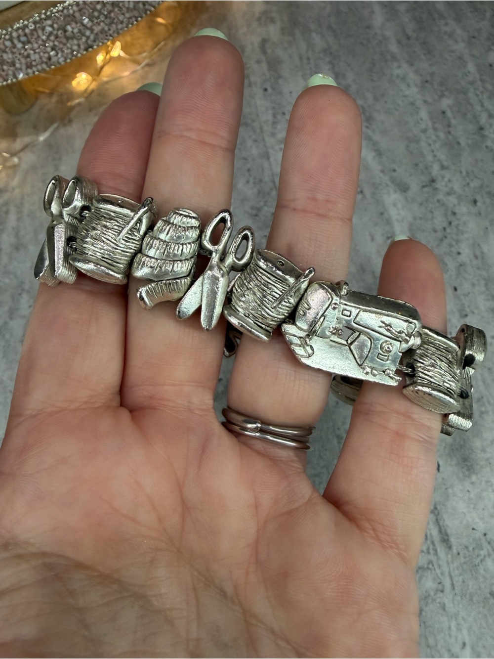 Vintage Sliding Charm Bracelet Sewing Theme Craft Thread See Silver Tone Jewelry